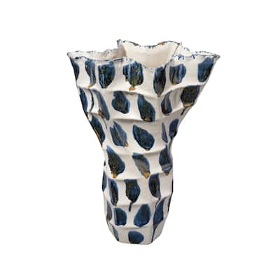 Nery Decorative Vase, Blue White Patchwork Ceramic, Ruffled Edge