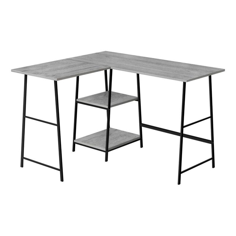 Industrial Corner Computer Desk with Storage Shelves and Metal Sawhorse Legs