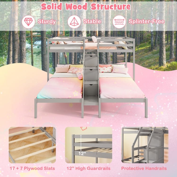 Bunk Bed for 3 Kids, Twin Over Twin with Storage Staircase and Safety Guardrails