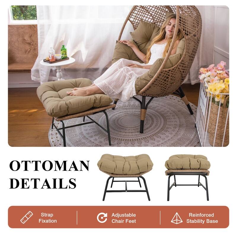FINCATI Outdoor Wicker Egg Chair Set with Ottoman, Deep Seating, 440 lbs Capacity