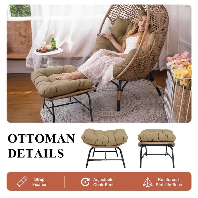 FINCATI Oversized Wicker Egg Chair with Ottoman Indoor Outdoor Accent Chair