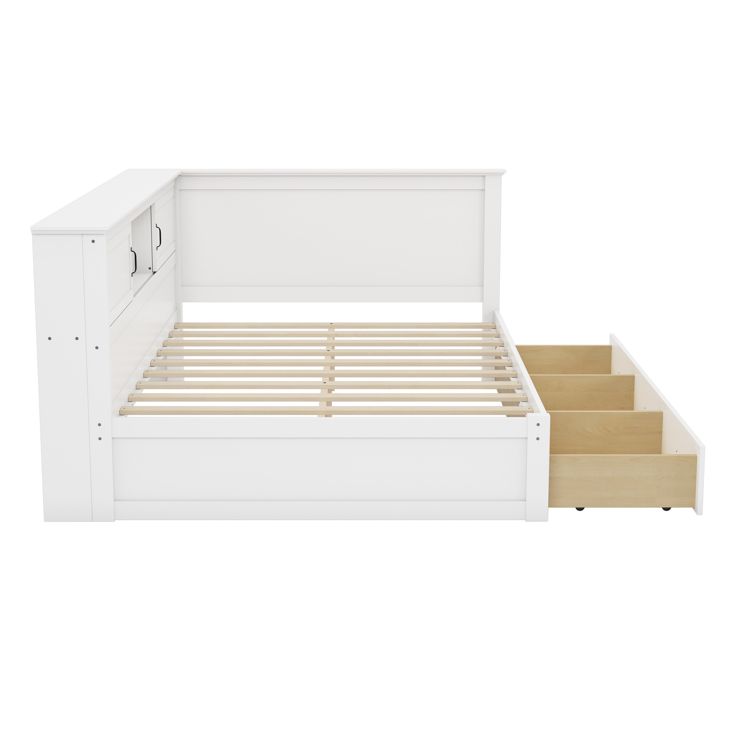 All-in-one Bookcase Storage Bed with L-Shaped Frame Daybed, 3 Drawer, Led Downlight and USB Port, Corner Captains Bed