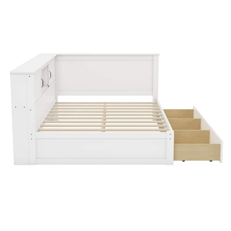 L-Shaped Corner Bed Frame with Drawer, Bookcase, LED Downlight and USB Port