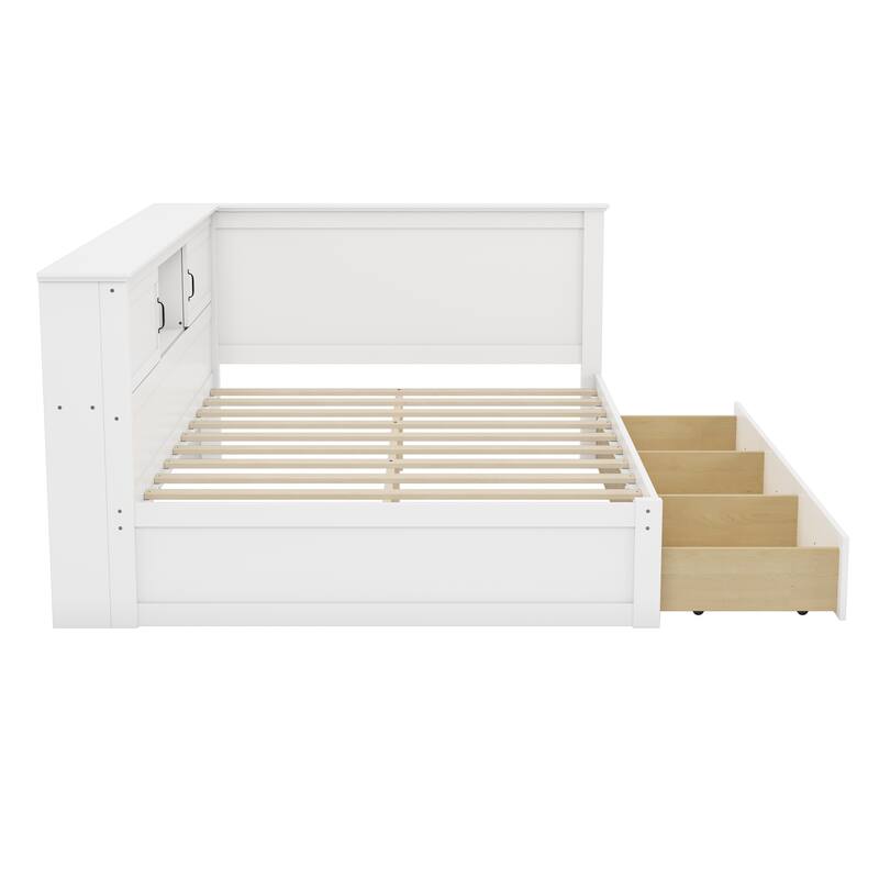 Twin Size L-Shaped Bed Frame with Drawer and and Bookcase,Corner Bed Wooden Captain Bed with Led Downlight and USB Port