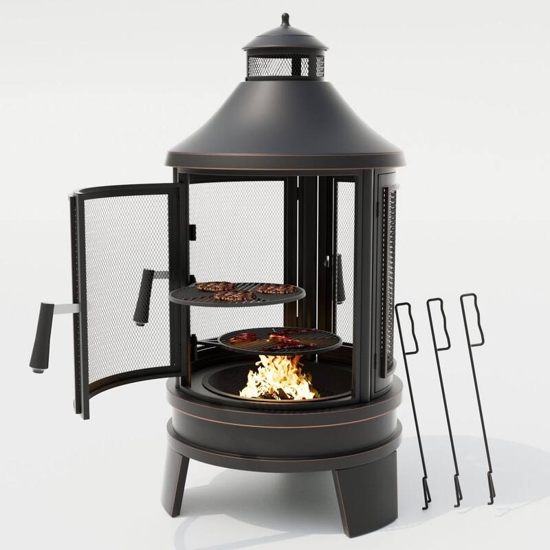 Kullavik Outdoor Metal Chiminea Wood Burning Fire Pit with 3 Door and Adjustable Grill