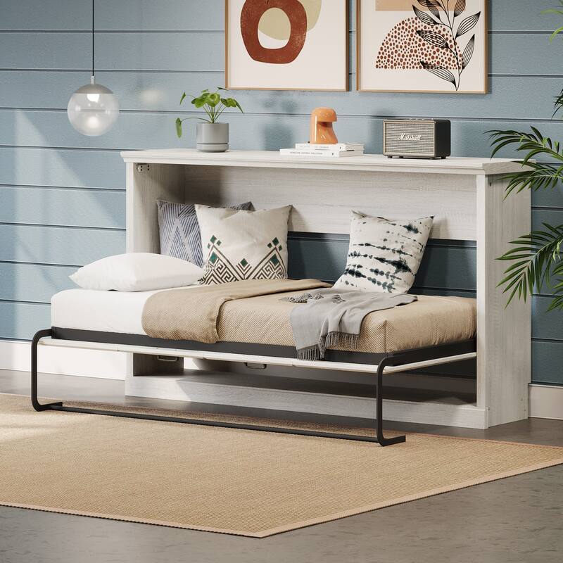 Twin Size Horizontal Murphy Bed, Hideaway Wall Bed, Folding into Cabinet, Space Saving Furniture