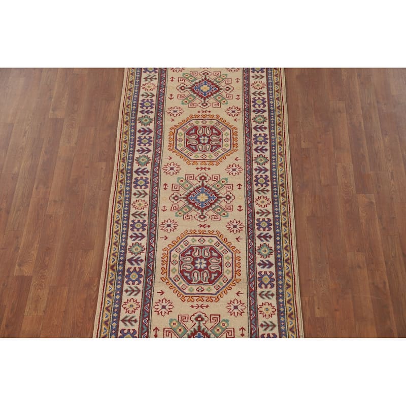 Geometric Kazak Runner Rug Hand-Knotted Yellow Wool Carpet - 2'10" x 13'0"