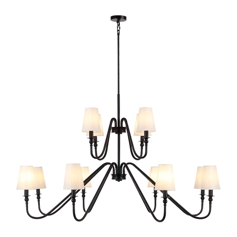 Bella 12-Light 2- Tier Classic Modern Black & Gold Finish Chandelier With Beige Fabric Stay-Straight Shades