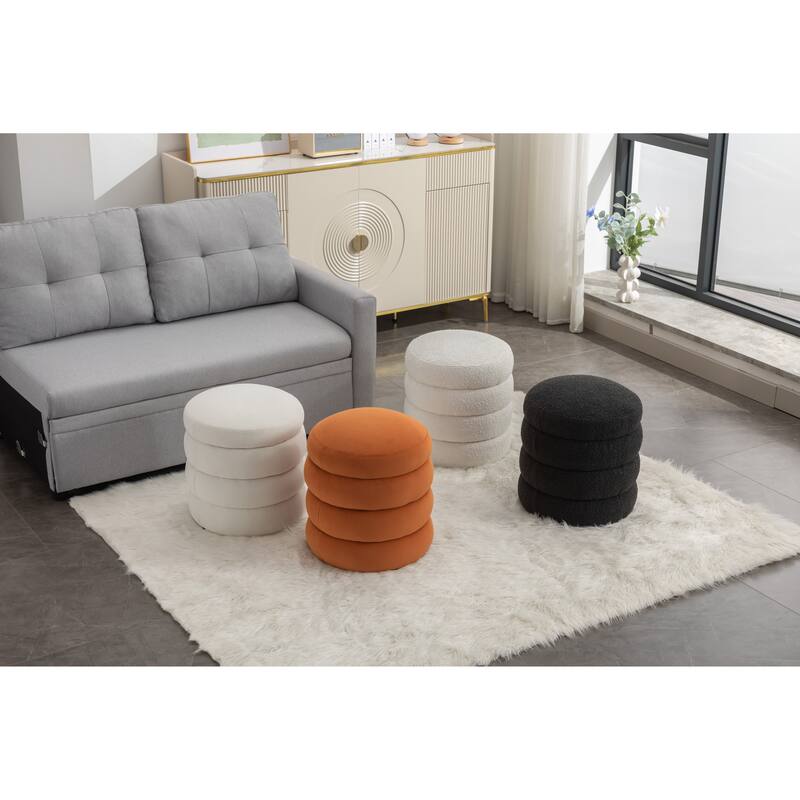 Soft Velvet Round Ottoman Footrest Stool for Living Room,Ivory