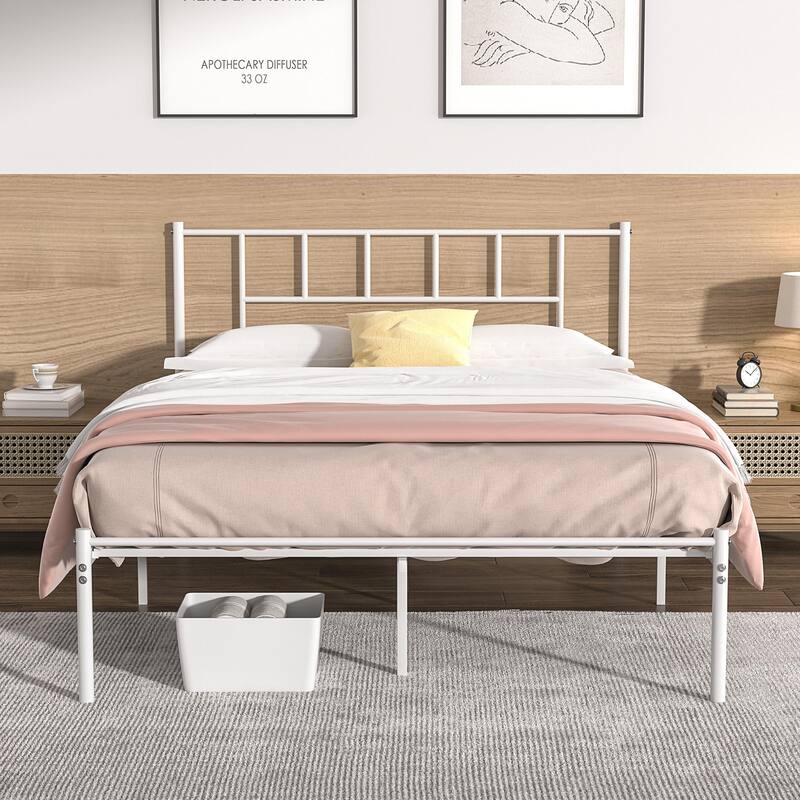 VECELO Victorian Style 14 Inch Metal Platform Bed Frame with Headboard, Heavy Duty Steel Slat Support, No Box Spring Needed - White - Queen
