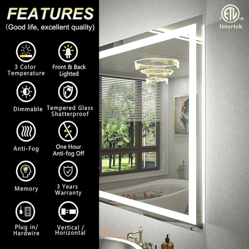 KIOTEE Super Bright Anti-fog LED Bathroom Mirror with Backlit and Front Lighting 3-Year Warranty