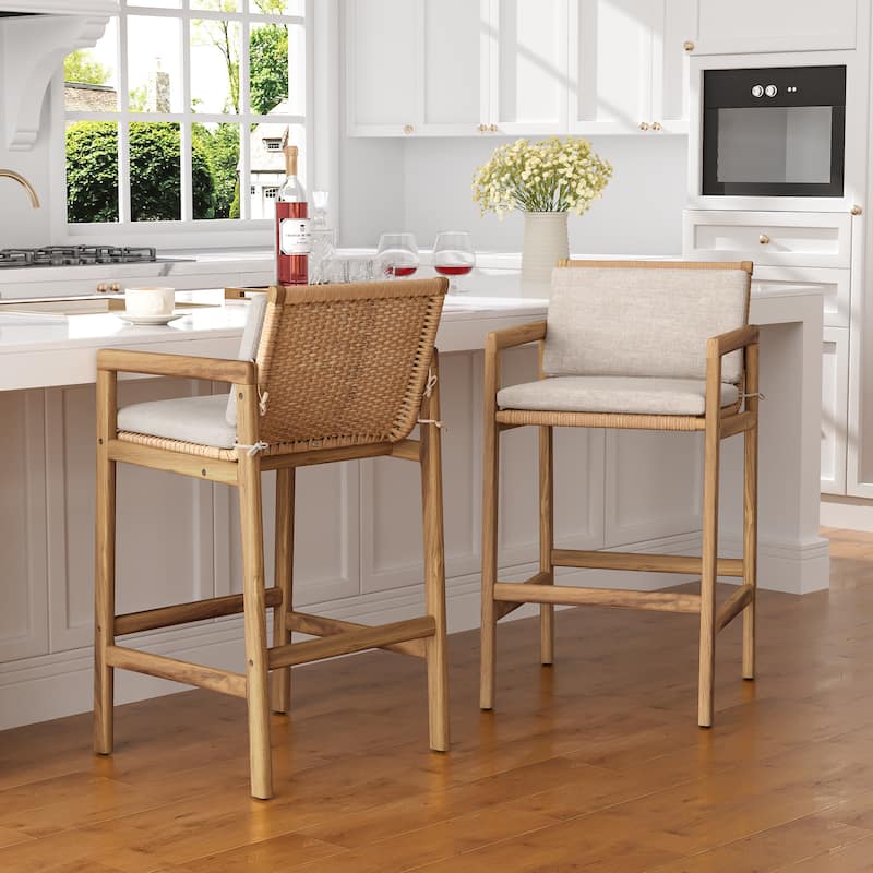 Christopher Knight Home - Marcella Outdoor Elegance Acacia Wood Barstool Set with Wicker Detail and Cushions - Teak Finish+Beige Cushion