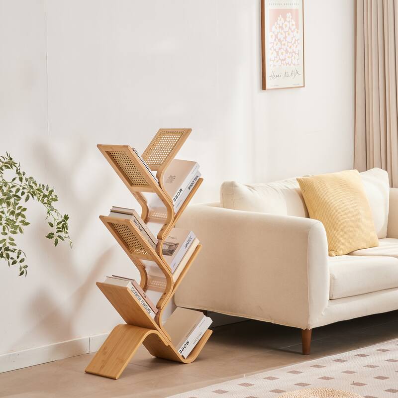 Rattan Tree Bookshelf 6-Tier Freestanding Bookcase for Living Room