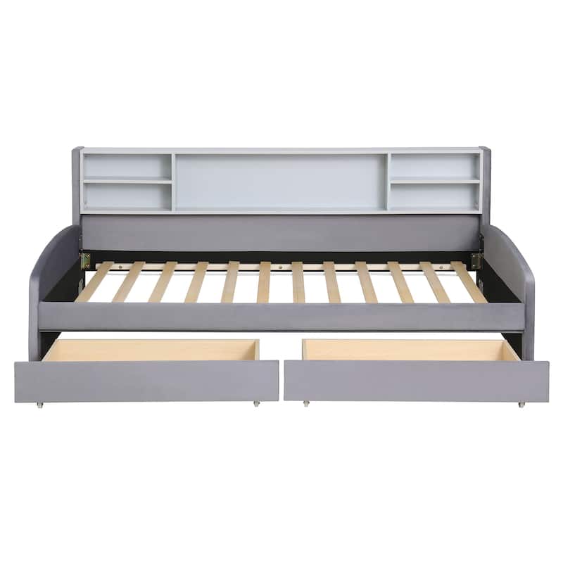 Twin Size Daybed Upholstered Platform Bed with Storage Shelf Headboard and 2 Drawers, Wood Daybed Frame with Curved Armrest