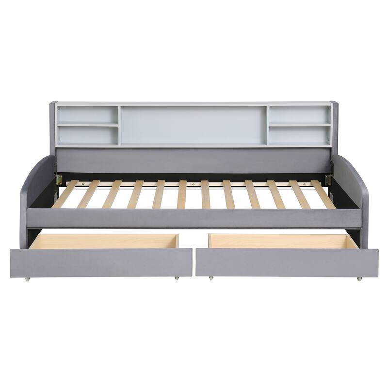 Twin Velvet Upholstered Bed Frame with Storage Drawers and Built-In Shelf, Platform Design with Plush Headboard