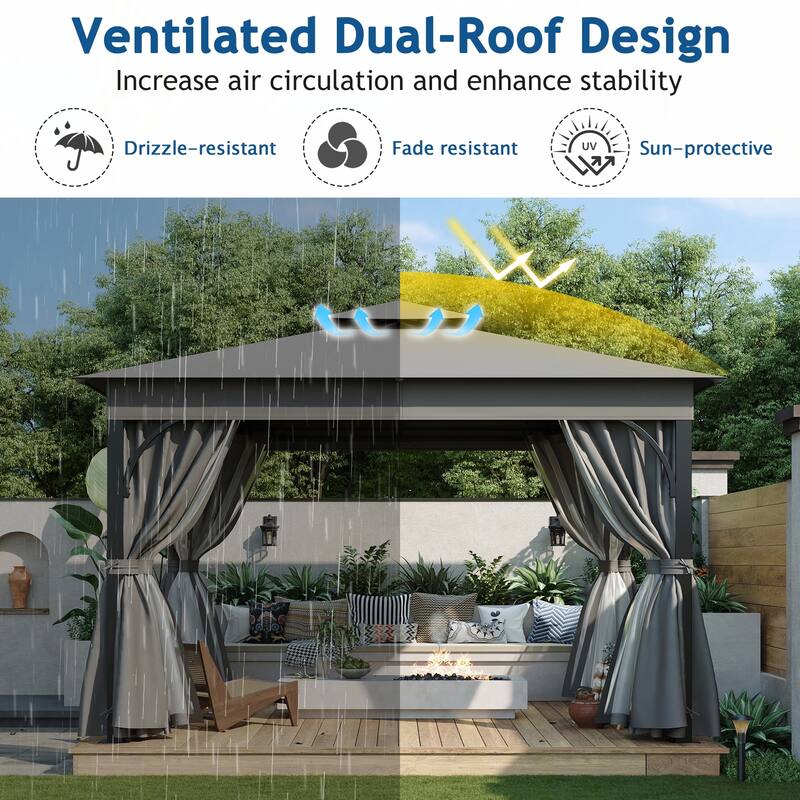 10x12 Outdoor Gazebo Tent with Double Roofs(Grey)