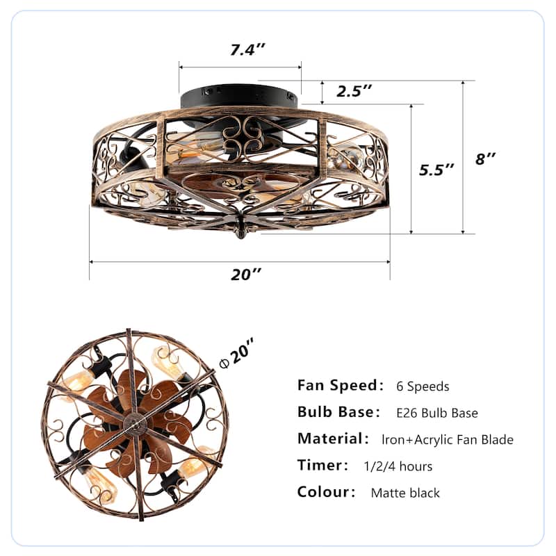 Cusp Barn 20'' Industrial Flush Mount Ceiling Fan with Lights and Remote, Rustic Reversible DC Motor 6 Speeds Caged Ceiling Fan