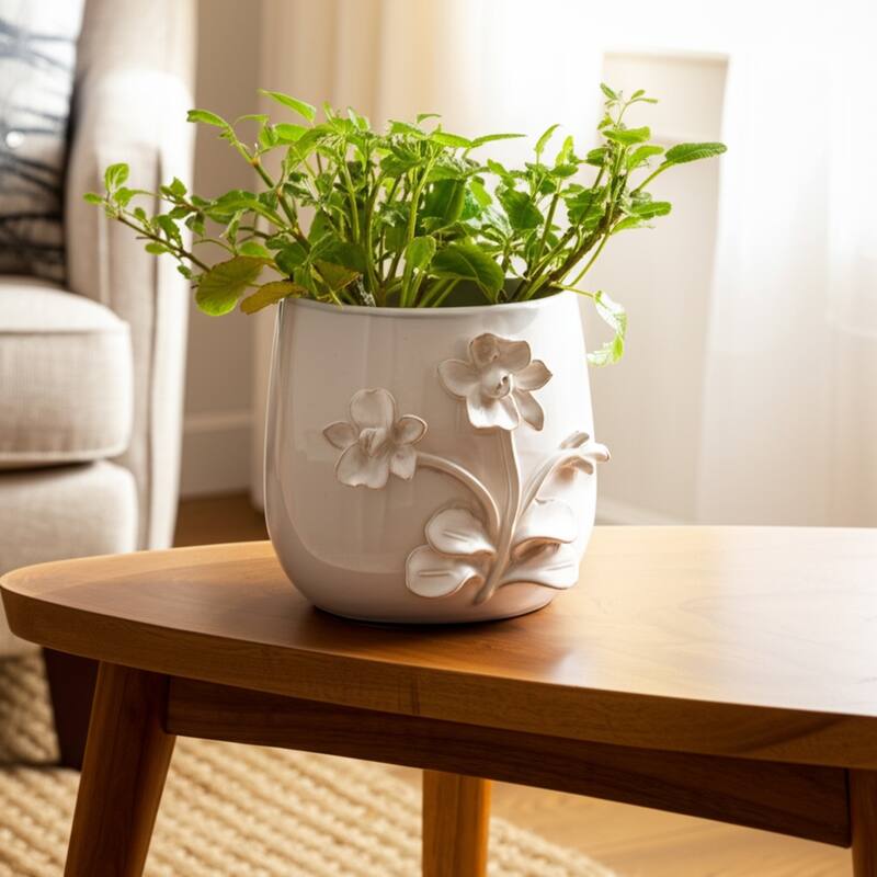 Decorative Ceramic Flower Planter with Flower Applique - Ivory - 7.0"