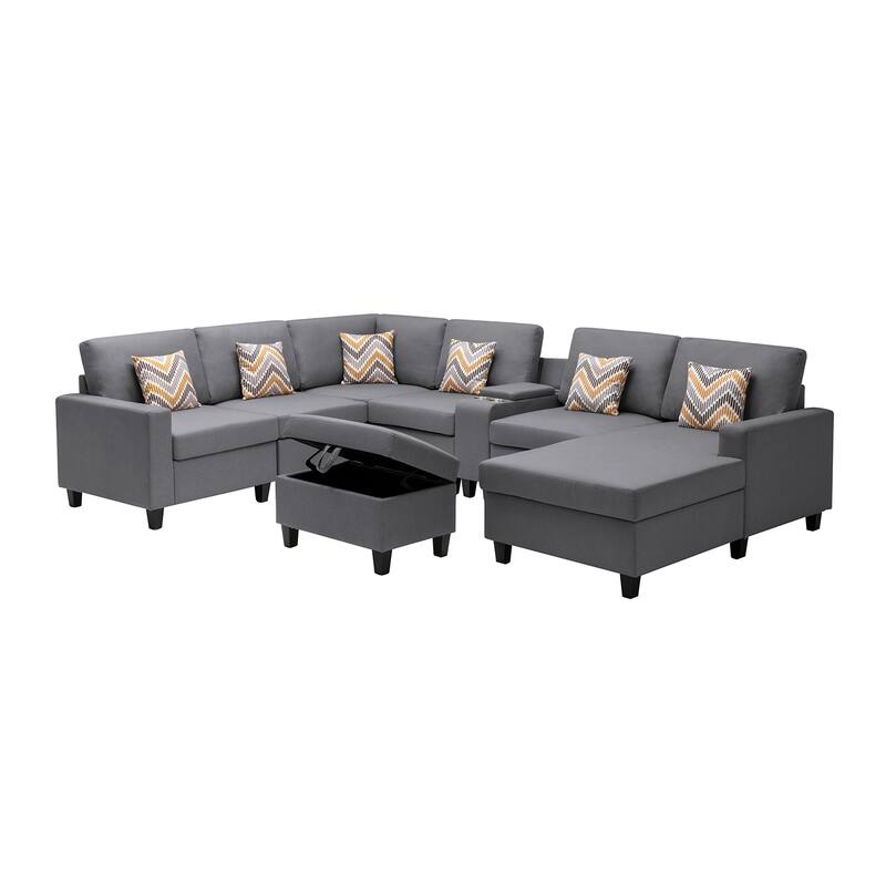 Linen Fabric 8 Piece Reversible Chaise Sectional Sofa with Storage Ottoman, and Storage Console Table