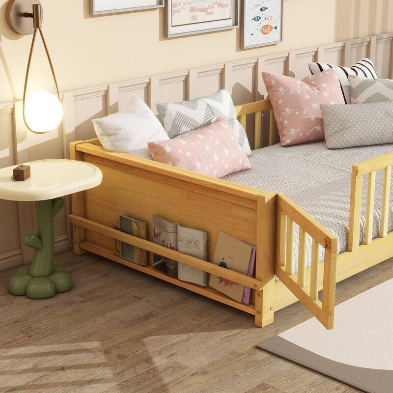 Twin Size Floor Bed with Built-in Book Rack and Door,Natural