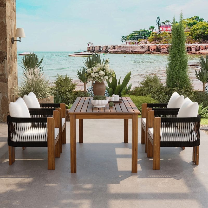 Farmhouse Acacia Wood 4 - Person Patio Dining Set with Rope Woven Chairs for Garden, Backyard, Poolside