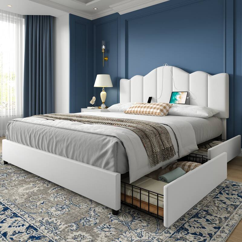 VECELO Upholstered Storage Bed Frames with Charging Stations and 4 Rolling Drawers on Both Sides Vertical Stripe Design