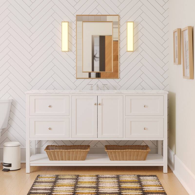 KitchenBathCollection Lakeshore 60" Single Bathroom Vanity with Engineered Carrara Top - White