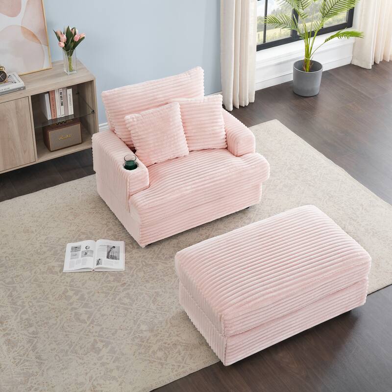 Pink 39.37" Corduroy Upholstered Single Armchair Sofa with Ottoman and Cup Holder for Lving Room