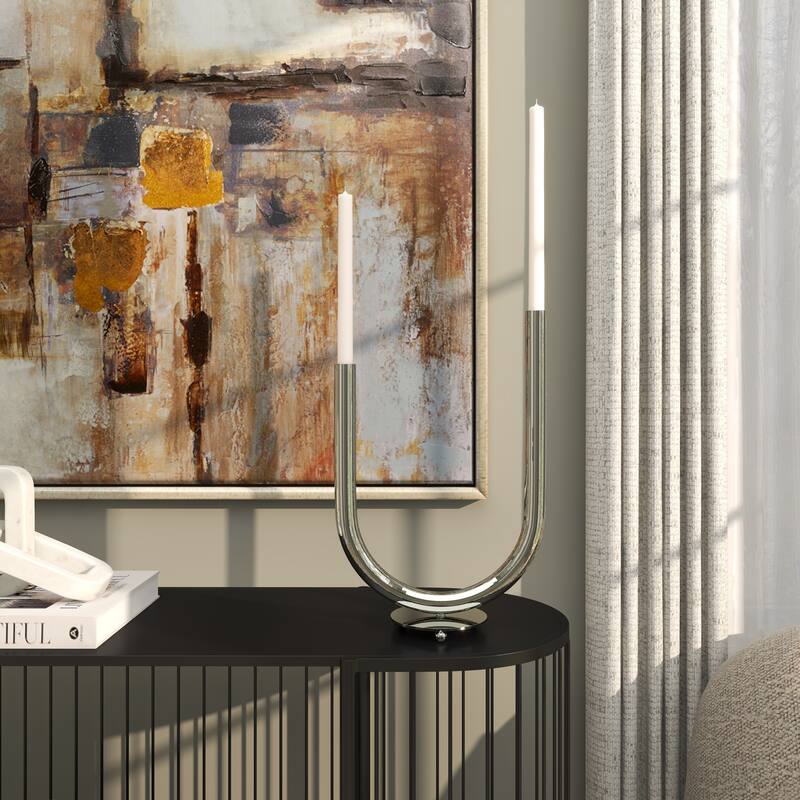 Silver Stainless Steel Metal Abstract U-Shaped Candelabra - Silver