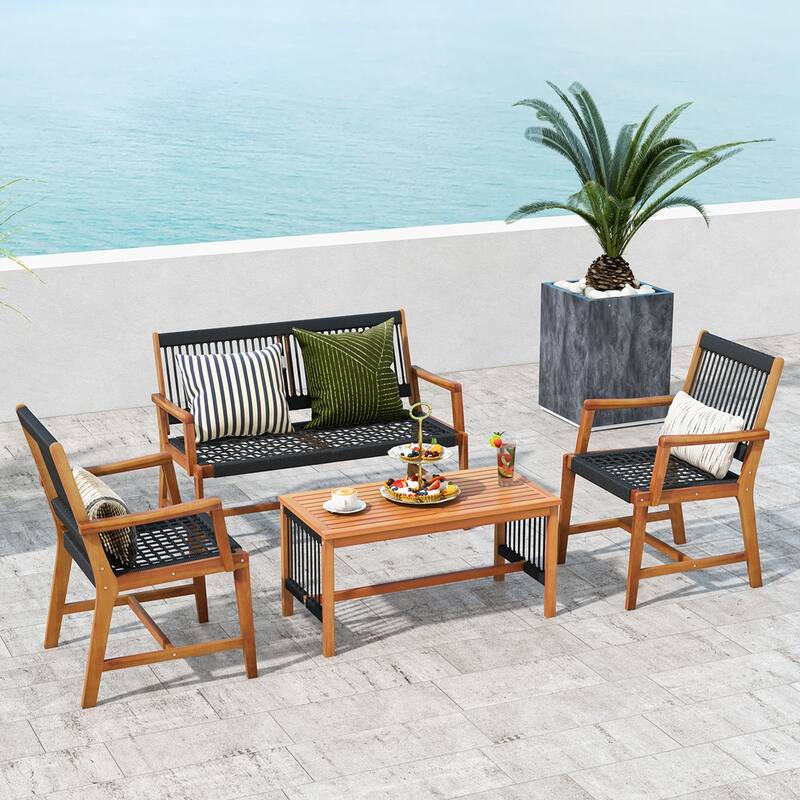 Costway Patio 4pcs Acacia Wood Conversation Table & Chair Set - See Details - Natural, Black - See Details
