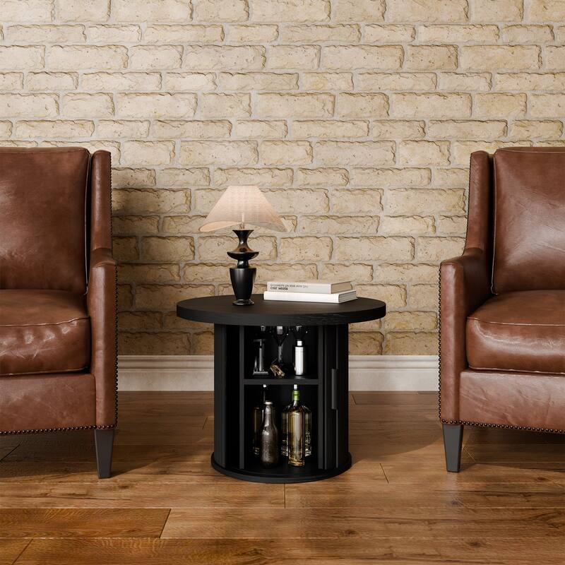 Mid Century Modern Round Coffee Table with Storage, Tambour Door Design Table for Living Room