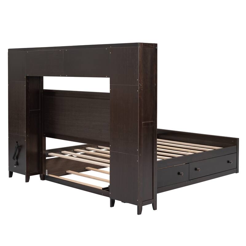 Full Size Wooden Platform Bed with Built-in Storage, Shelves, and Outlets, Espresso Finish