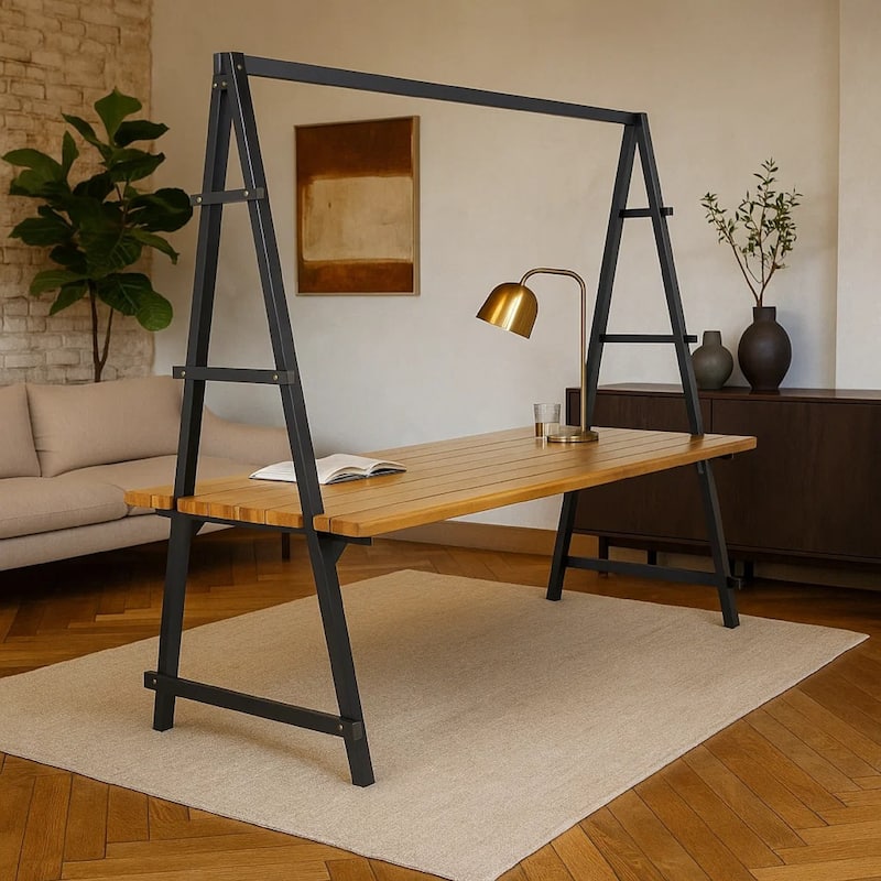 Jo Outdoor Pergola Table, Black Metal Frame, Slatted Teak Brown Wood