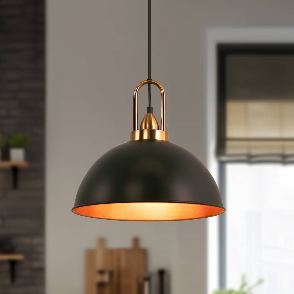 Set of 2 14-Inch Single Head Iron Pendant Lights E26 Black and Gold for Dining Room - Black and Gold - 15*15*11.9