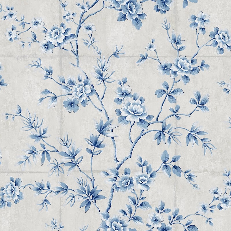 Seabrook Designs Koi Great Wall Floral Unpasted Wallpaper - 27 in. W x 27 ft. L - Metallic Silver and Sky Blue