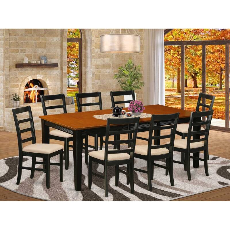 Dining Room Set 9 Piece Table & Chairs - Rustic Rectangle Table with Butterfly Leaf - Linen Fabric Chairs
