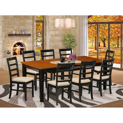 Dining Room Set 9 Piece Table & Chairs - Rustic Rectangle Table with Butterfly Leaf - Linen Fabric Chairs