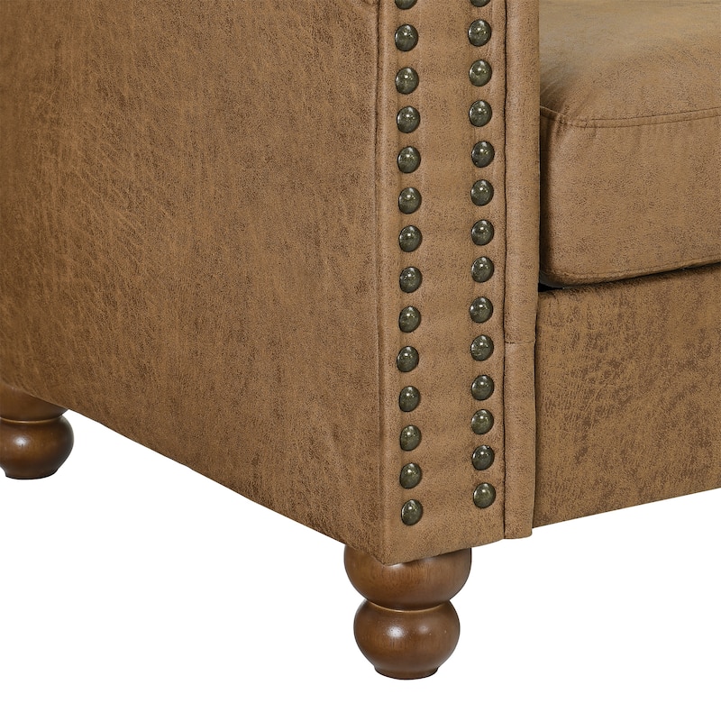 Brown Chesterfield 31.89" Button Tufted Upholstered Single Sofa with Nailheads and Turned Legs for Living Room