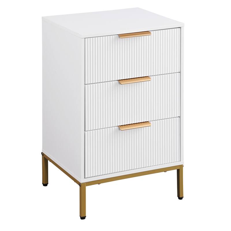 Nightstand with 3 Drawers, Sofa Side Table with Metal Handles & Legs, Wavy Drawer Panels Storage Table for Bedroom