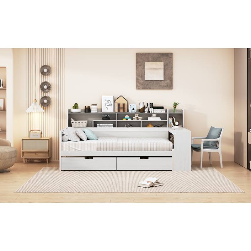 Multifunctional Twin Daybed with Desk, Storage Shelves, and Drawers - Perfect for Small Rooms