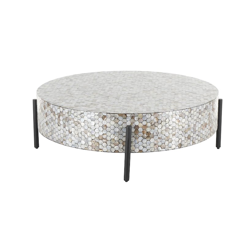 Mother of Pearl Shell Geometric Handmade Round Mosaic Inlay Coffee Table with Black Metal Legs - Roche River Decor