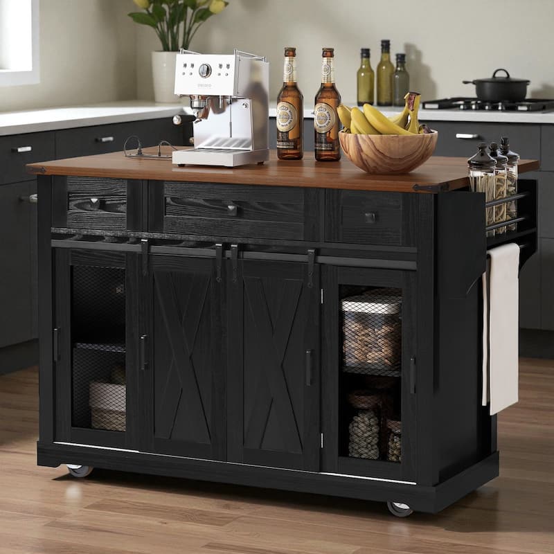 58" Farmhouse Kitchen Island with Drop Leaf, Sliding Barn Door, Power Outlet, and Rolling Storage Cabinets