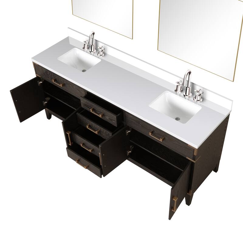 Laurel 60 in W x 22 in D Black Oak Double Bath Vanity, White Quartz Top, Faucet Set, and 28 in Mirrors