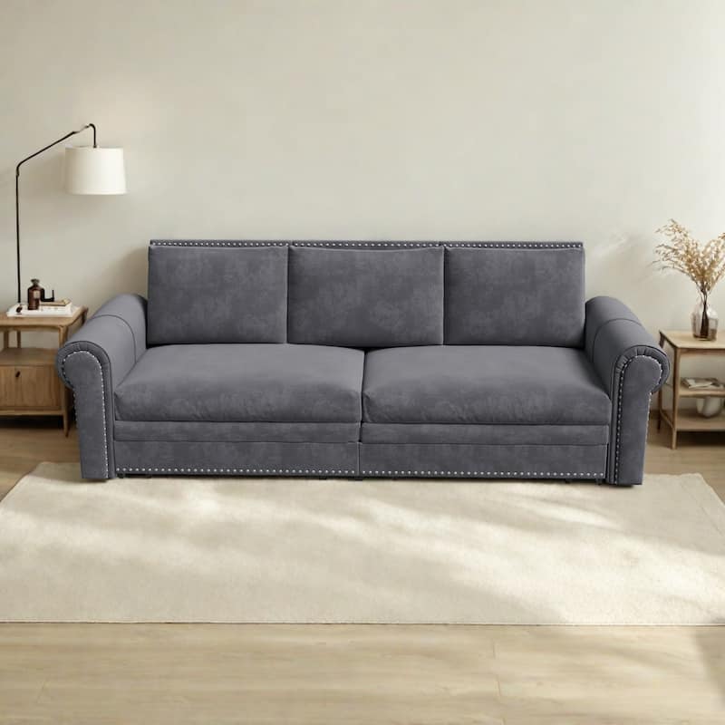 93.7"Velvet 3-Seater Sleeper Sofa 3-in-1 with Rolled Arms & Nailhead Trim - Grey