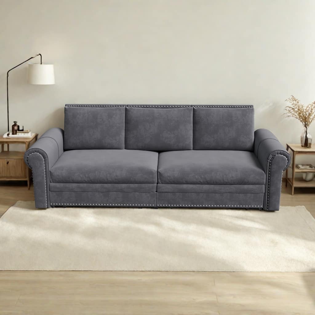 93.7"Velvet 3-Seater Sleeper Sofa 3-in-1 with Rolled Arms & Nailhead Trim