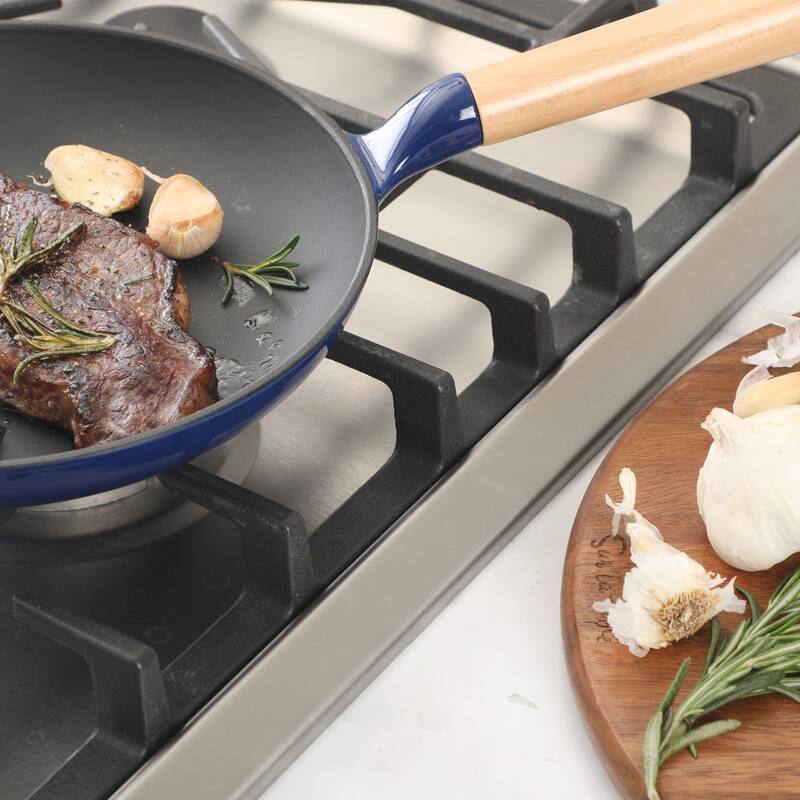 Sur La Table Kitchen Essential 9.5 Inch Pre-Seasoned Cast Iron Skillet with Wood Handle Natural Nonstick Lightweight Cast Iron
