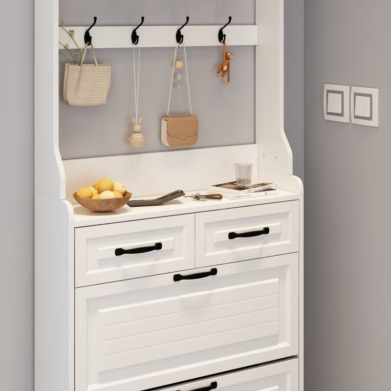 Anmytek Multifunctional White Shoe Cabinet 3 Doors 2 Drawers with Hanger Large Storage Space