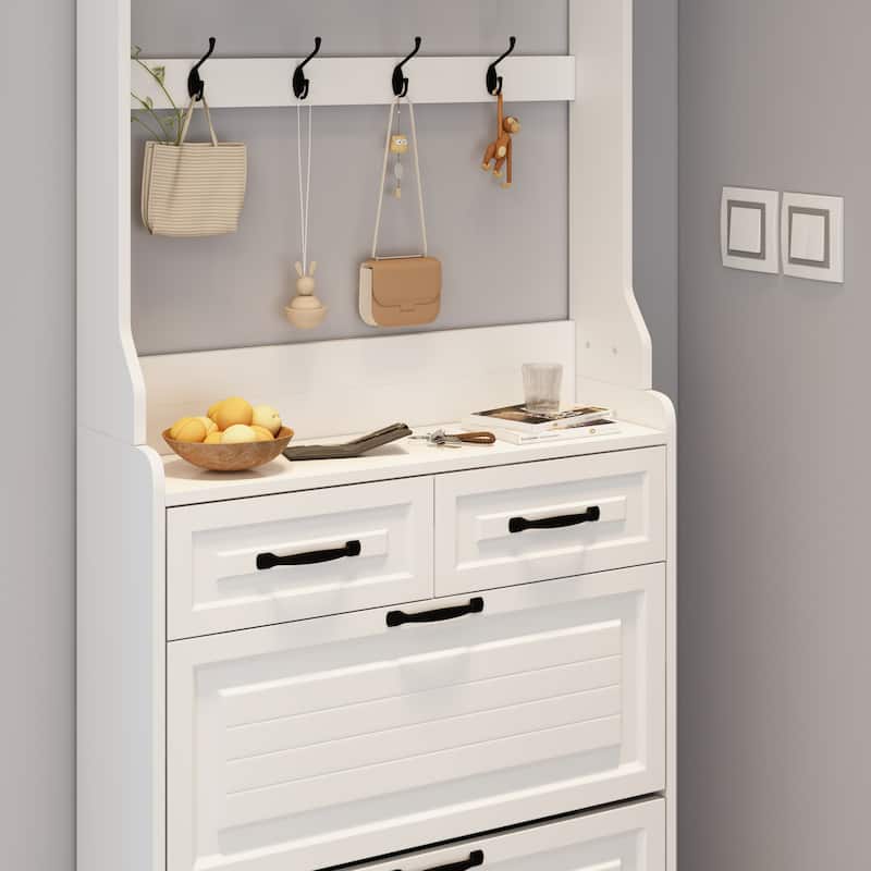 Shoe Cabinet with Hanger, Slim Hidden Shoe Rack Cabinet, Narrow Shoe Cabinet with 3 Flip Drawers & 2 Sliding Drawers