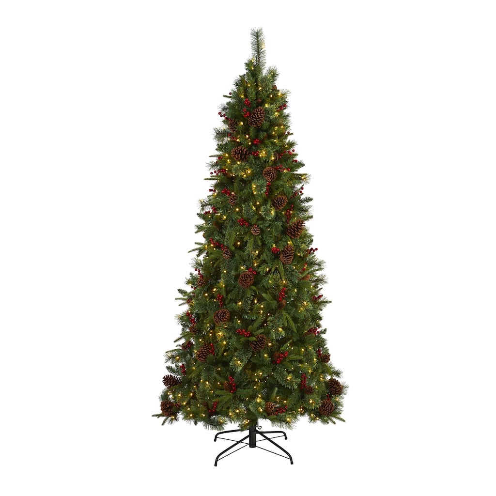 Southwestern Artificial Christmas Tree - 7.5ft Pine Tree with Clear Lights, Pine Cones & Berries - Holiday Decor - Green - 90