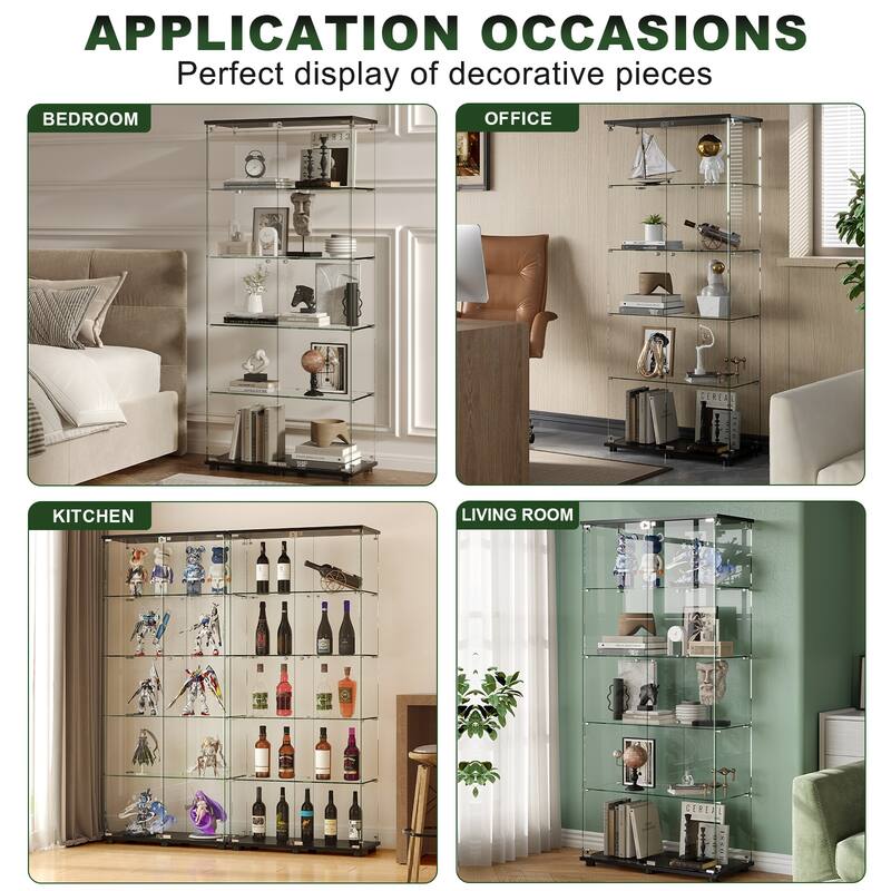 72 Inch Glass Display Case, 5 Shelf Floor Standing Cabinet with Lock, Tempered Glass Doors for Home Office